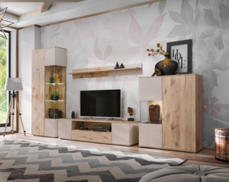 ASM-Moebel Wohnwand Wohnwand CATALINA mit Rillenfront und LED und Push - Click, Mit Led Beleuchtung und Push-Click System.
