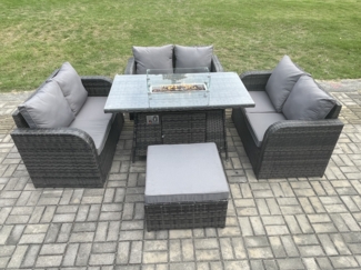 Fimous Rattan Gartenmöbel Sofa Set Gas Feuergrube Esstisch Gasheizung mit Liebe Sofa Großer Fußhocker Dunkelgrau Gemischt