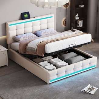 Flieks Polsterbett, LED Doppelbett Stauraumbett 2 USB-Anschluss 140x200cm Leinen