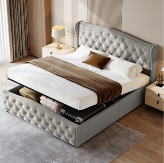 FUROKOY Polsterbett Doppelbett Stauraumbett Hydraulisch anhebbarer mit Gepolstert Beige, 160x200 cm,Mit Stauraum,Ohne Matratze,Samtmaterial,Nietenwellenmuster