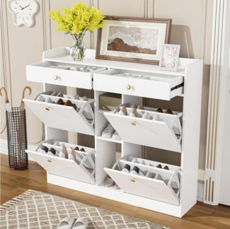 Furnishings Home Schuhschrank Schuhregal Step 4 Schuhständer Schuhkommode (mit 3 Klappen, 2 Schubladen, 3 offenen Fächern) Schuhkipper, Breite 110 cm, Tief 26 cm