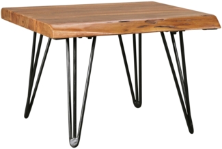 Design Couchtisch Sheesham Massivholz Tisch Baumkante 56 x 38 x 51 cm, Sheesham Holztisch mit Metallbeinen, Wohnzimmertisch im rustikalen Landhausstil