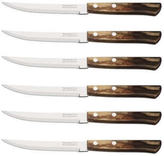 Tramontina Steakmesser Pizzamesser Set, im 6er Set – mit Holzgriff (6 Stück), FSC Holzgriff, rostfreier Edelstahl, Wellenschliff, spülmaschinenfest