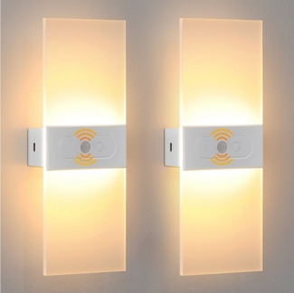 LETGOSPT LED Wandleuchte Wandleuchte Innen, LED Wandlampe Mit Bewegungsmelder, USB Aufladbare, LED fest integriert, Warmweiß, 2200mAh USB Wiederaufladbar, Acryl Wandbeleuchtung Up Down Leuchten
