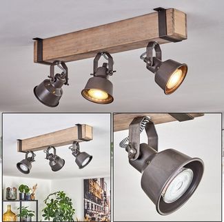 hofstein Deckenleuchte Deckenlampe verstellbar aus Metall/Holz in Grau/Naturfarben, ohne Leuchtmittel, Deckenleuchte im Industrial/Retro/Vintage-Design m. Holzbalken, 3xGU10