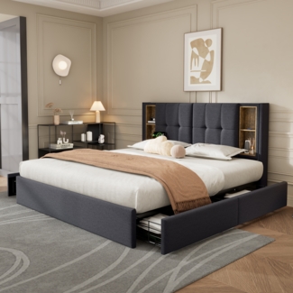 Polsterbett 160x200 cm mit Stauraum und kabellosem Laden – Leinen grau mit USB- und Type-C-Anschlüssen