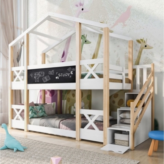 Merax Etagenbett, mit Tafeln und Treppen, Kinderbett 90x200cm mit 2 Liegeflächen, Kiefer