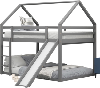 ComfortXL Doppelstock-Hausbett mit Rutsche-O1009, Massivholz, Grau, 206x253x188cm
