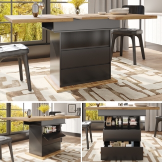 Esstisch Teleskoptisch Klappbarer Küchentisch für 4-6 Personen Ausziehbarer Esstisch Platzsparender Küchentisch für Küche und Wohnzimmer Esstisch mit drei Ablageebenen Holz Schwarz 110-140 x 80 cm