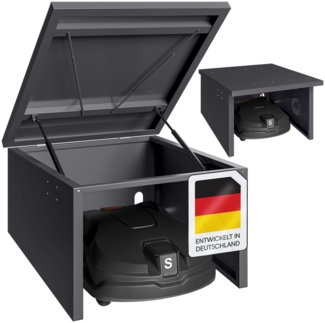 STEELSØN 'Drakon' Mähroboter Garage, Metall, anthrazit, wetterfest, 53/42x77x90 cm, Mähroboterhaus mit aufklappbarem Pultdach