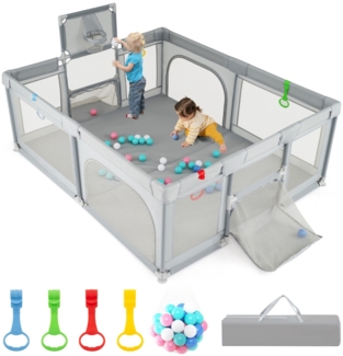 188x157 cm Baby Laufstall mit Basketballkorb Fußballtor faltbarem Kleinkind-Laufgitter mit Reißverschlusstür Hellgrau