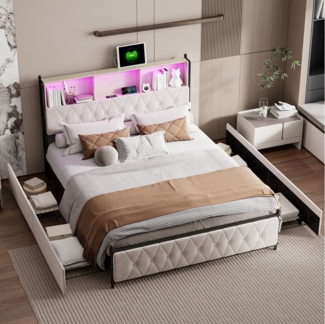FUROKOY Stauraumbett Polsterbett Doppelbett mit LED-Beleuchtung und 4 Schubladen (Stauraum Kopfteil mit USB+Type C-Ladeanschluss), Jugendbett Multifunktionsbett mit Lattenrost, Samt, Beige, 140x200cm