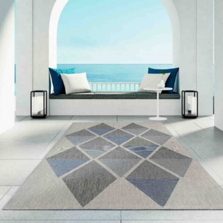 TaraCarpet Teppich Regina Teppich aus robustem Flachgewebe für In und Outdoor, rund, Höhe: 7 mm, Küche Wohnzimmer Terrasse Garten Balkon Karo blau 120X120