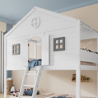 MC Star Hausbett mit Treppe, mit Fallschutz und Gitter, Zwei graue Fenster, Kinderbett (mit Fenster, Frei gestaltetes Unterbett, Rahmen aus Kiefer, Kiefer+MDF, Weiß+Grau, 90x200cm)