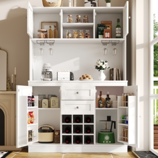 Merax Küchenschrank mit verstellbaren Ablagen & Weinregal, Hochschrank Küchenbuffet mit 4 Türen & 2 Schubladen, Sideboard für Küche & Wohnzimmer, Buffetschrank, Weiß