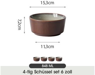 JIWOO Salatschüssel 4er Ø15,3cm, Müslischüssel Suppenschüssel Suppenschale Dessertschale, Keramik, (Set, 4-tlg), Bowl, Hochwertiges Schüssel Braun Mikrowellen spülmaschinenfest