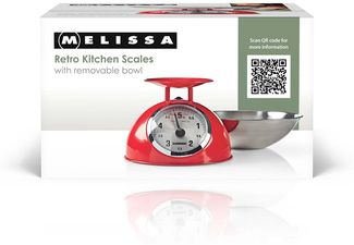 Melissa Retro Küchenwaage - Analoge Waage mit Edelstahl-Schale, Metallgehäuse, bis 5 kg, 25 g Teilung, abnehmbare Schale, ro
