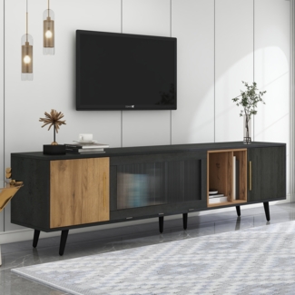 Merax Eleganter TV-Schrank, 200 x 40 x 55,5 cm, dunkles Holz, grau und Holzmaserung, für einen 90-Zoll-Fernseher geeignet
