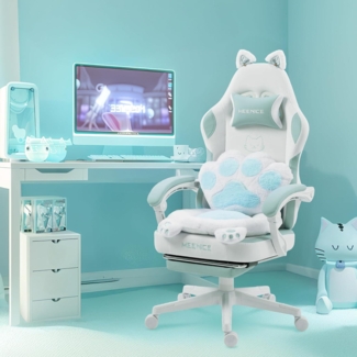 Cute Velour Gaming Stuhl mit Katzenohren und Fußstütze, Blau