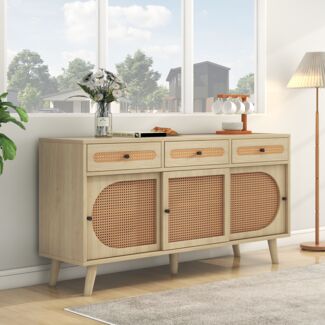 Sideboard B 140 x T 40 x H 78 cm aus Spanplatte in Eiche, 3 Schubladen, PE-Rattan-Türen, Einlegeböden verstellbar