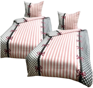 Visaggio Bettwäsche Winter Fleece Bettbezug flauschig warm, Fleece, 4 teilig, Thermofleece kuschelig weich, Streifen und Schleifen