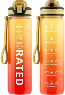 QLUR Trinkflasche 1L BPA-Frei Tritan Wasserflasche Strohhalm Zeitmarkierung Gelb