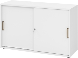 bümö Schiebetürenschrank 2OH - Aktenschrank abschließbar, Sideboard Schrank mit Schiebetüren in weiss, Streifengriff - Büroschrank aus Holz mit Schiebetür, Büro Kommode für Ordner & Co, 1752S-W-W-SG