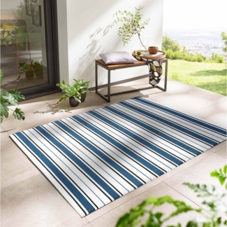 TaraCarpet Teppich TaraCarpet Outdoor Teppich Santa Monica wetterfest, rechteckig, Höhe: 3 mm, Kurzflor blau-weiß gestreift Balkon Garten Terrasse Camping 120x170 cm