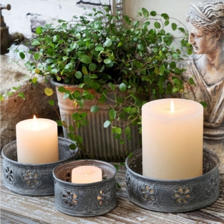 Chic Antique Tablett 1x Tablett mit Muster Kerzenhalter Schale H6/D15,5 cm antique zink, (1-tlg)