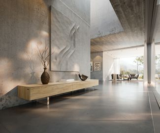 Lowboard Cuor 250 cm Keramik Laminam® Sabbia Eichefarbig 1 Klappe 1 Schubfach Fuß Schwebeoptik Acrylglas