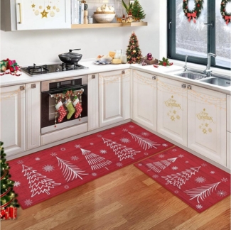 GarveeMore Fußmatte Weihnachts Sets,Weihnachts Küchenmatte Frohe Weihnachten, Schneeflocke 2-teilig rutschfeste Läufer Teppich-Set,40 x 60,40 x 120CM