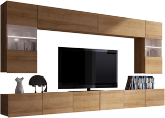 Wohnwand Calabrini I (Farbe: Eiche Gold, mit weißer LED Beleuchtung)