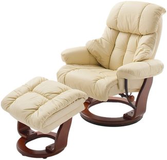 Relaxsessel >Carl I< mit Hocker, bis 130 kg belastbar, drehbarer Fernsehsessel mit Liegefunktion, Echtleder creme, Gestell Holz walnuss