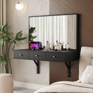 Schminktisch mit Spiegel und 3 Schubladen, glänzende Oberfläche, mit integrierte Steckdosenleiste, Tablet-Halterung, eleganter Make-up Tisch in schwarz