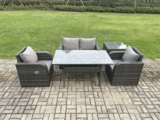 Fimous Outdoor Gartenmöbel-Set Lounge Sofa Set mit Langer Rechteckiger Esstisch 2 PC Liegestuhl Beistelltisch