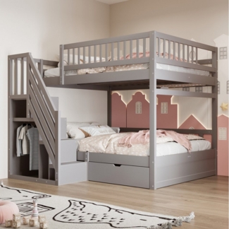 Flieks Etagenbett, Massivholz Kinderbett 140x200cm mit Stauraumtreppe und Schublade