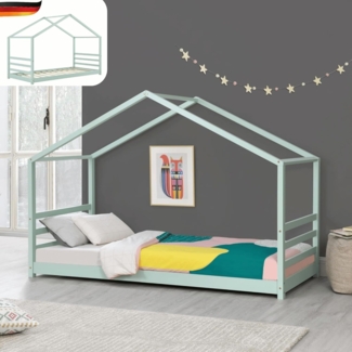 DELUKE® Kinderbett KLIO - mit Lattenrost Kiefernholz Haus-Optik Einzelbett aus Holz Hausbett Kinderzimmer Bodenbett Montessori Bett Mintgrün 90x200cm