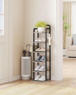 Vertikales Schuhregal, 6-St?ckige Schuhregale, Schuhturm fr Kleine R?ume, Freistehend, Verstellbar, Platzsparend,Helles Elfenbein und Schwarz