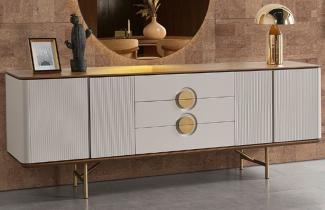 Casa Padrino Luxus Sideboard Hellgrau / Braun / Messing 220 x 50 x H. 80 cm - Massivholz Schrank mit 4 Türen und 3 Schubladen - Massivholz Möbel - Luxus Möbel - Luxus Einrichtung