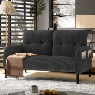 Flieks 2-Sitzer Sofa aus Cord, Cord-Zweisitzer mit hoher Rückenlehne & Seitentaschen, Grau