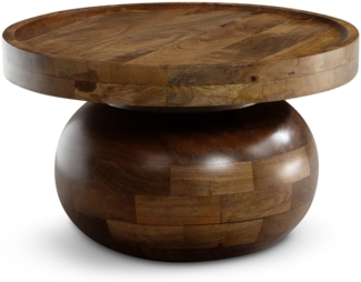 Couchtisch 50 x 50 x 30,5 cm Mango Massivholz Walnussfarben Sofatisch Rund, Design Wohnzimmertisch Niedrig, Kaffeetisch Wohnzimmer Modern mit natürlicher Holzmaserung