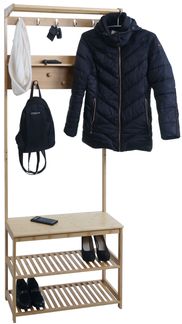 Bambus Standgarderobe HWC-N82, Garderobenständer Schuhregal Sitzbank Schuhbank, Kleiderhaken FSC® 170x70x31cm