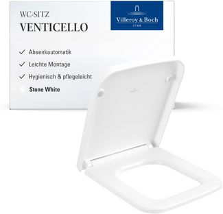 Villeroy & Boch Venticello WC-Sitz - Toilettendeckel mit Absenkautomatik - Abnehmbarer, bruchsicherer Toilettensitz aus Duroplast - Original Ersatzteil - Klodeckel in eckiger Form - Stone White, matt