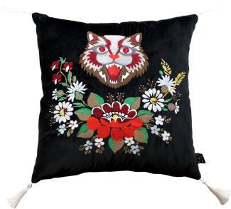 Casa Padrino Luxus Deko Kissen mit Troddeln Cat Schwarz / Weiß 45 x 45 cm - Feinster Samtstoff - Wohnzimmer Kissen