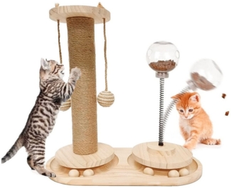 HEYHIPPO Kratzbaum 4-in-1 Katzenkratzspielzeug aus Holz mit Leckerliball & Kratzbrett, Rutschfeste Basis aus Massivholz und gefederter Schwenk-Trackball