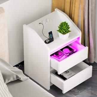 oyajia Nachttisch mit LED-Licht, Beistelltisch und Ladestation (LED-Beleuchtung-Steuerbar per Fernbedienung oder App, 2-St), mit 2 AC, 1 USB & 1 Type-C Anschlüsse