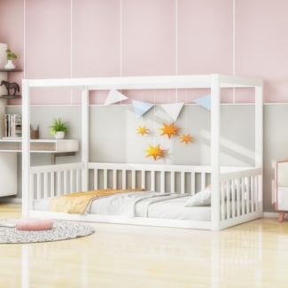 Bett 90x200 cm aus Massivholz bodengleich mit Himmel – sicheres Kinderbett für Kleinkinder