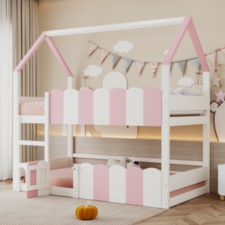 Kinderhochbett 90x200 Hausbett Etagenbett mit Spielbereich Tür Geländer Leiter Holz Jugendbett platzsparend,Rosa & Weiß