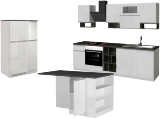 Dmora Vollständige Küche Balme, Set mit Speisekammer, Küchenzeile Schrank, Blockbausatz mit Insel und Kühlschrankträger, 100 % Made in Italy, glänzendes Weiß und Schiefer
