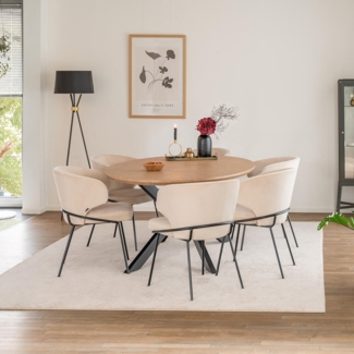 HOME DELUXE Essgruppe Oval inkl. Sternfuß - 200 x 120 cm Fishbone Oak 6 Stühle Beige